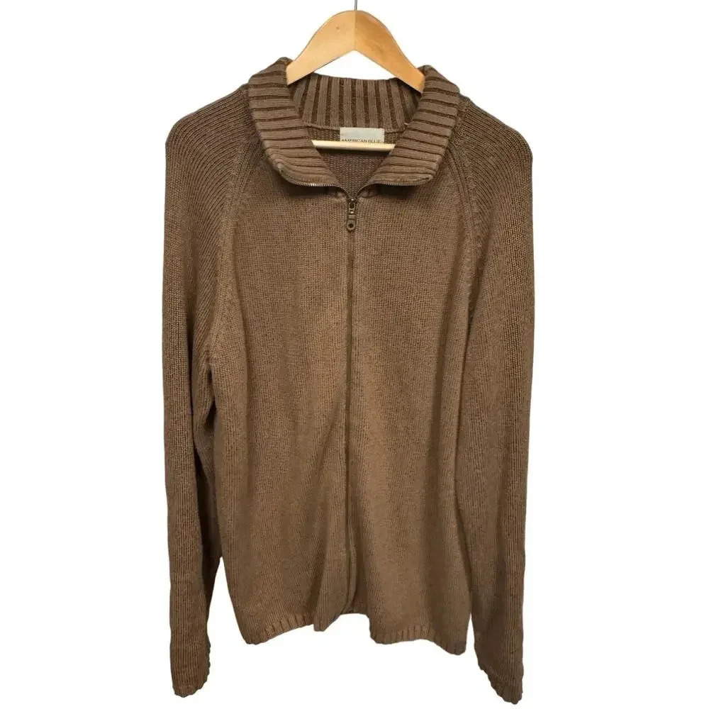 American Blue 100% Cotton Full Zip Knit Sweater Tan Brown Ribbed Collar Men's‎ L